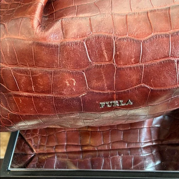 Furla Crocodile-Embossed Rust Colored Tote Bag - Picture 2 of 15